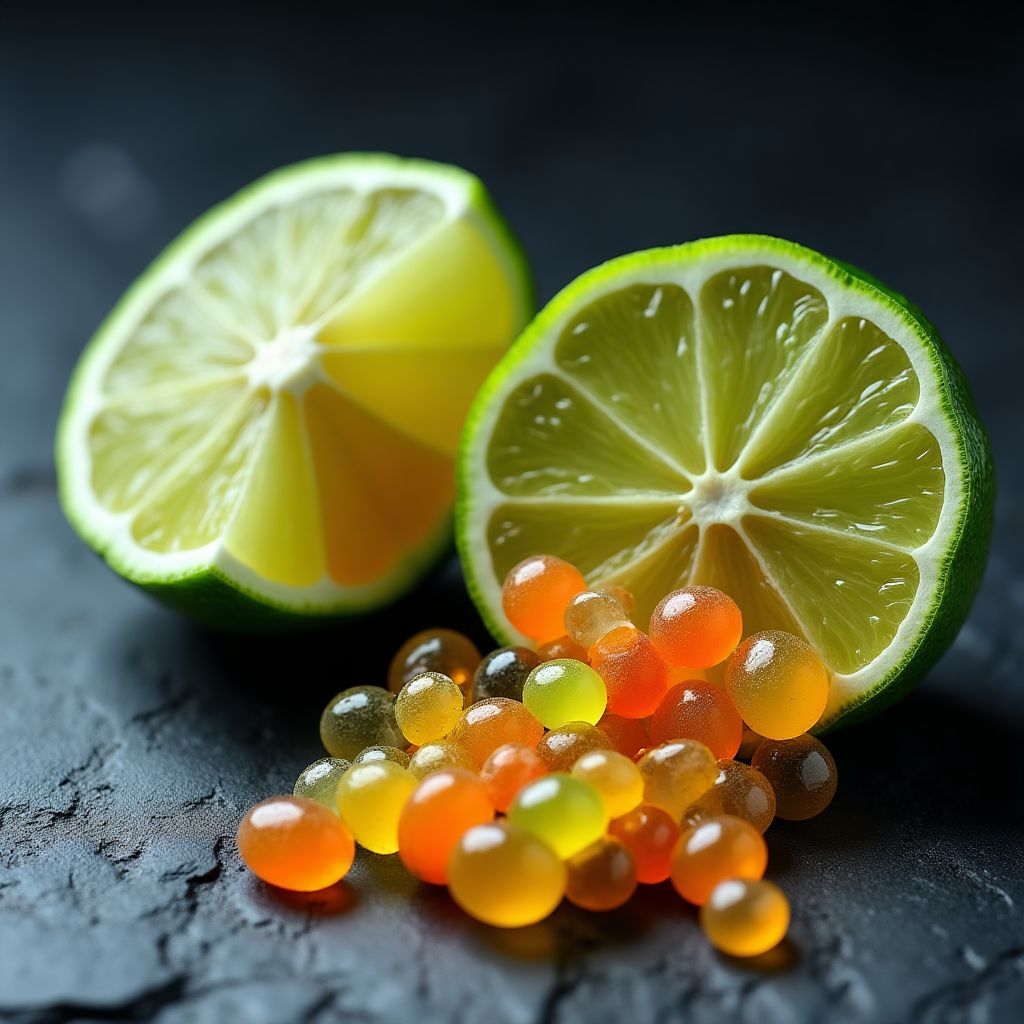 A sliced Finger Lime with its citrus pearls spilling out.