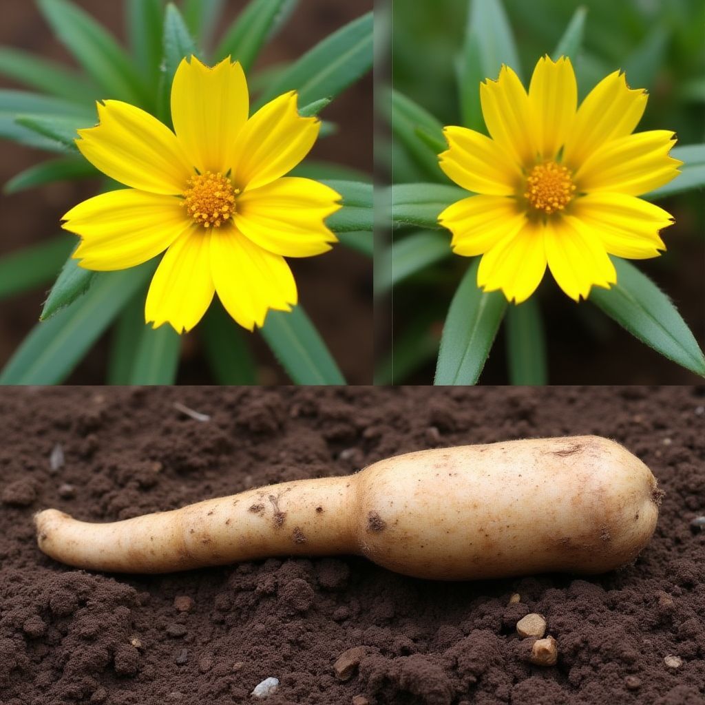 The yellow flower and edible root of the Murnong or Yam Daisy.