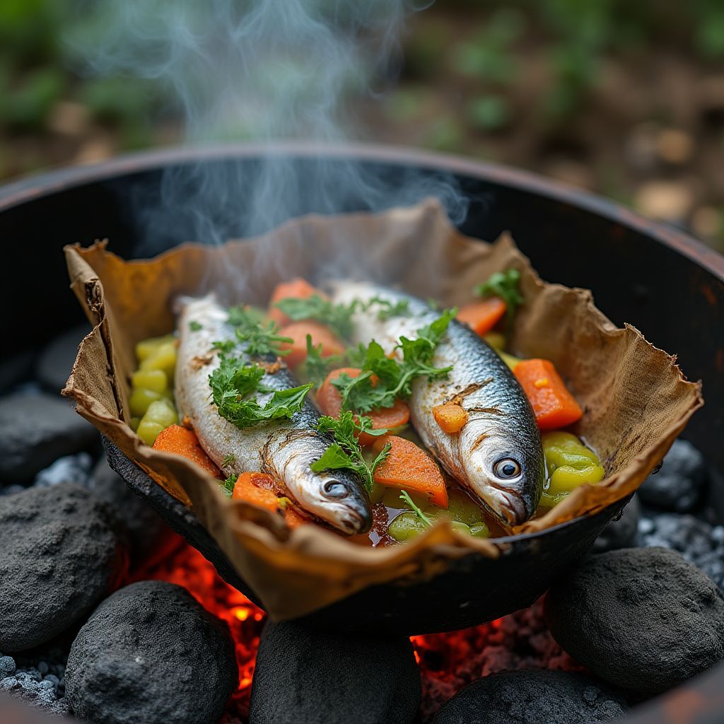 Food wrapped in paperbark leaves cooking in hot coals.