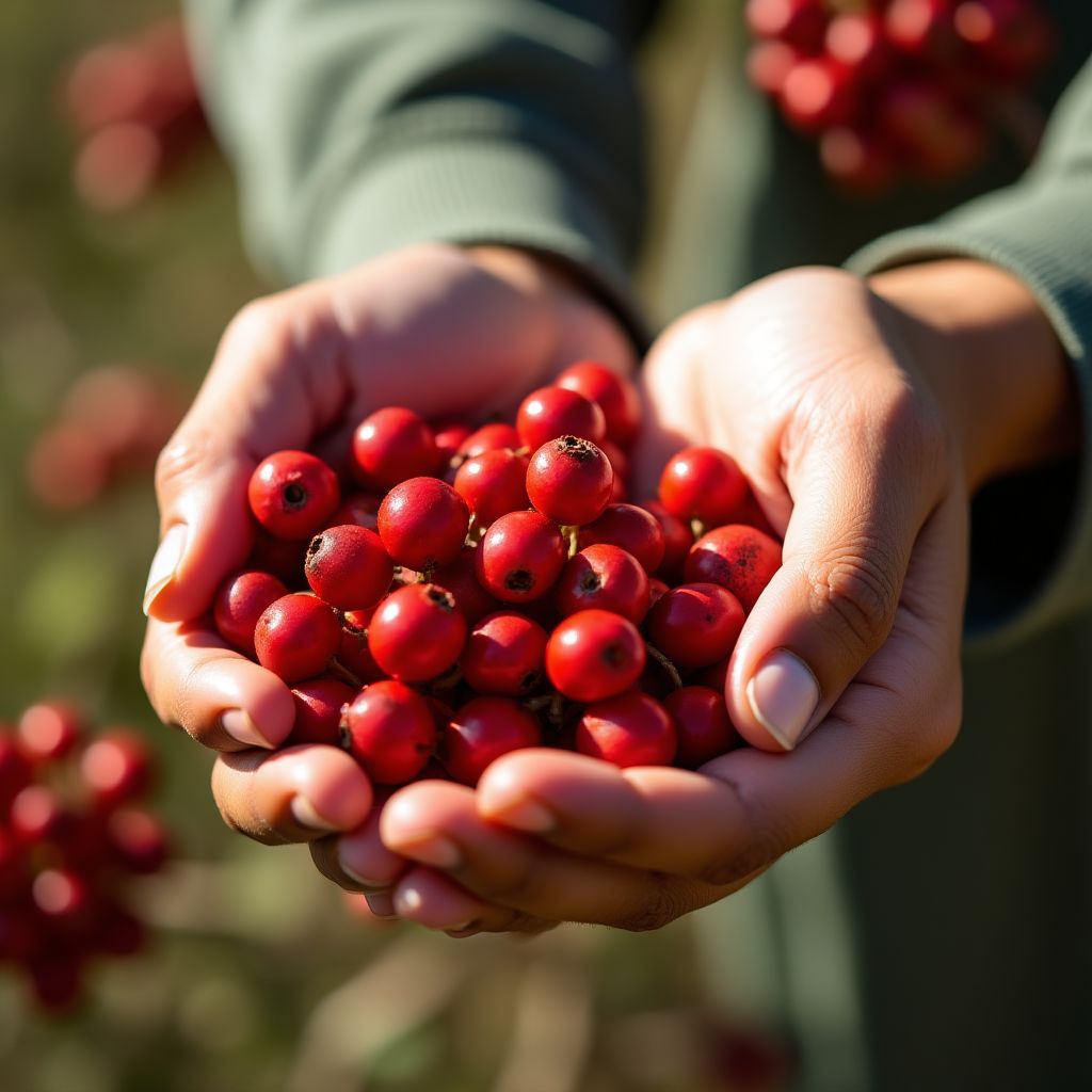 Hands carefully picking native berries from a bush.