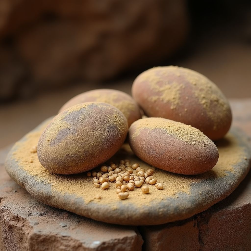 Stone tools used to grind seeds on a flat rock.
