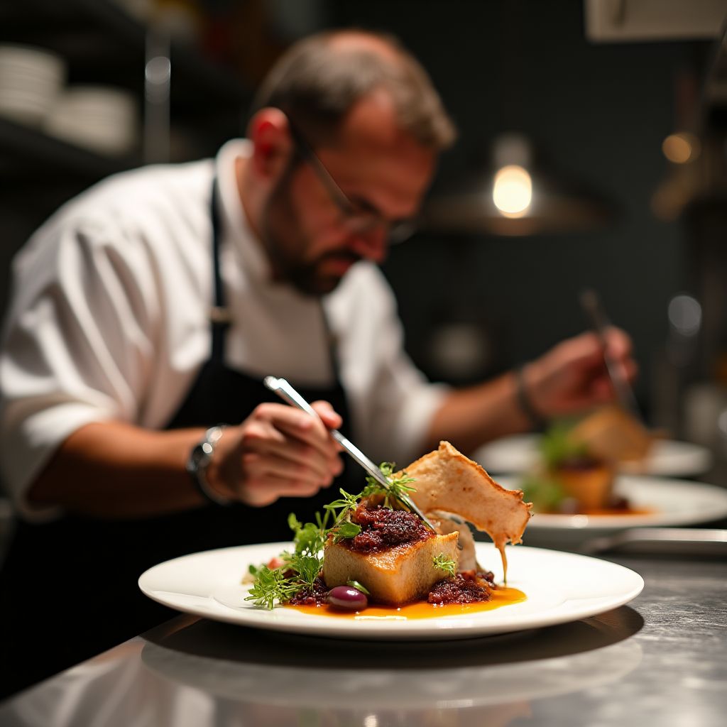 A modern chef plating a dish with native ingredients.