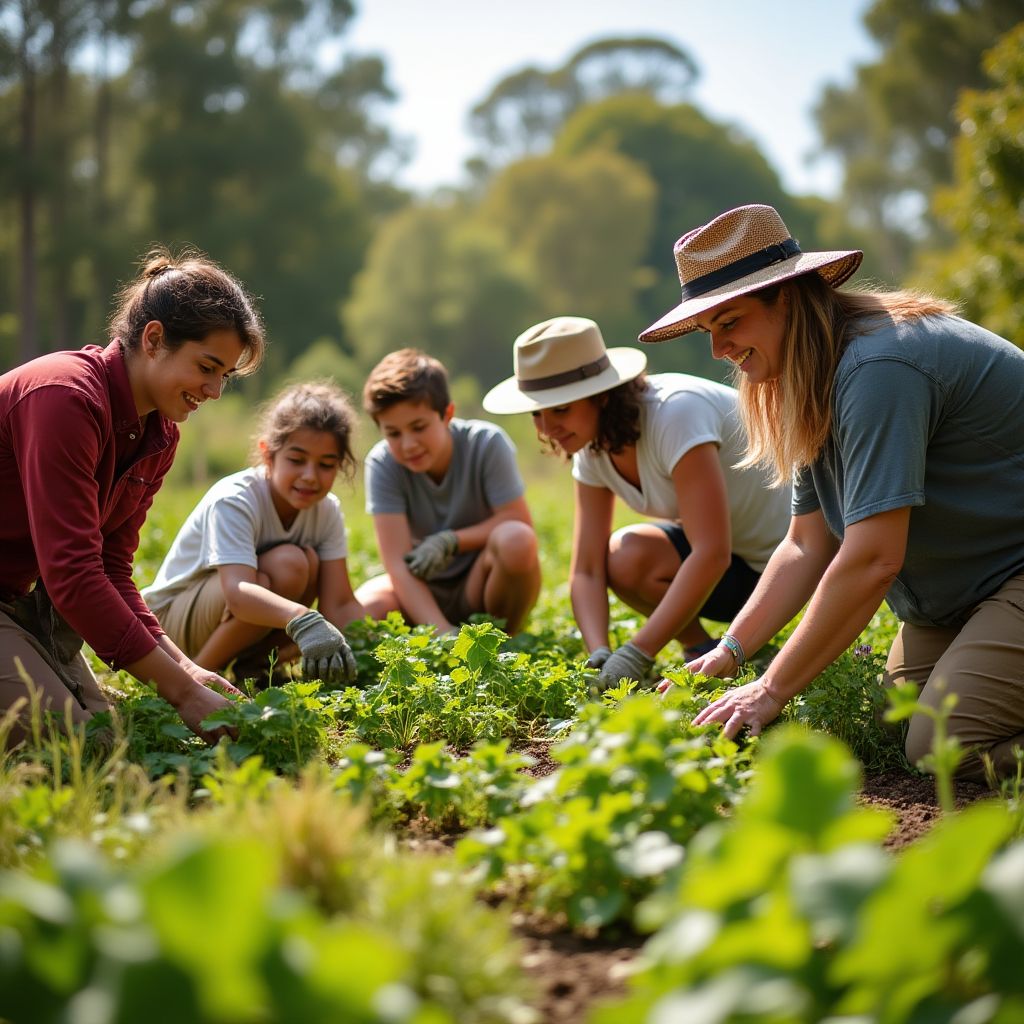 Community members working together in a garden growing native plants.